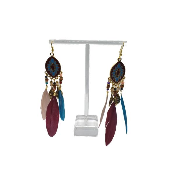 Boho Jewelry - Blue Boho Rice Bead Water Drop Tassel Leaf Aztec Ethnic‎ Earrings White Gold